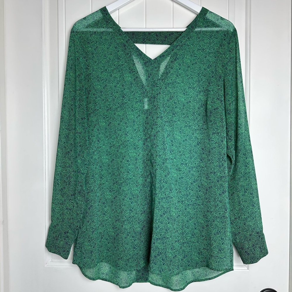 Cabi Dapper Green Patterned Sheer Long Sleeve Top… - image 5